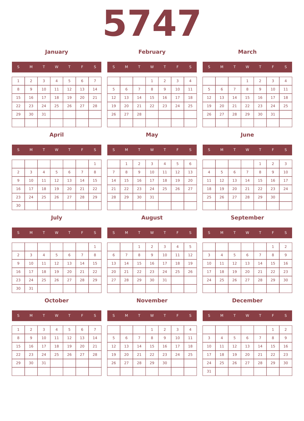 Printable 5747 Year Calendars cordovan