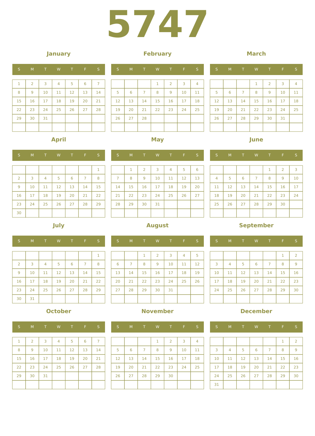 Printable 5747 Year Calendars eburnean