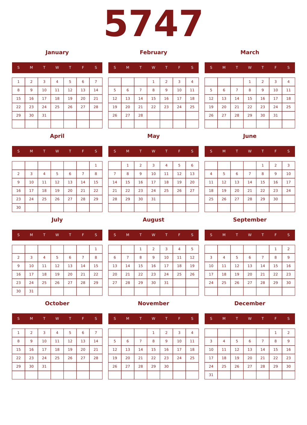 Printable 5747 Year Calendars falu