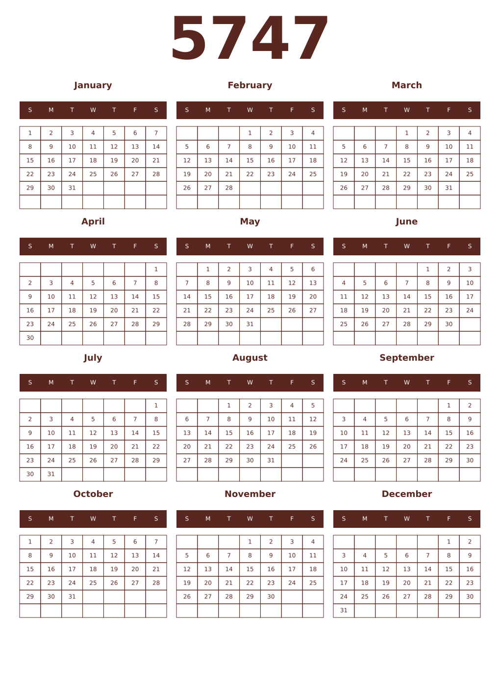 Printable 5747 Year Calendars mortuum