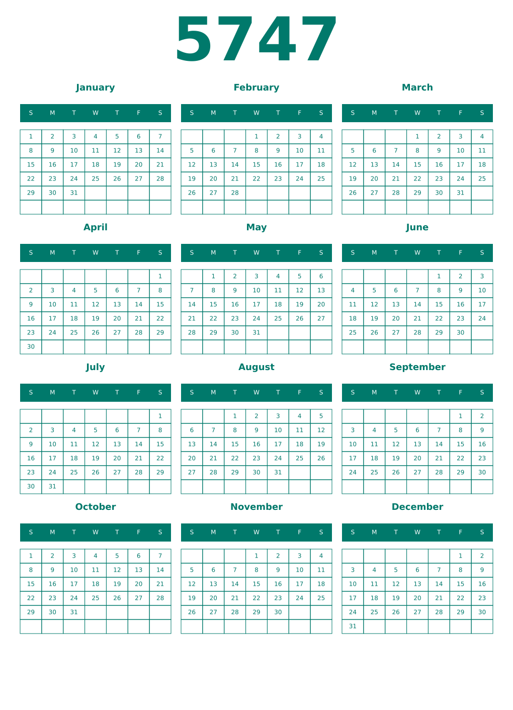 Printable 5747 Year Calendars pastel
