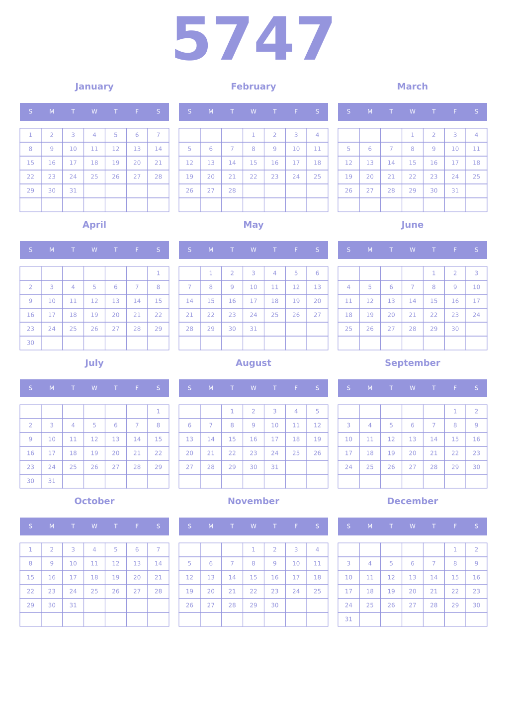 Printable 5747 Year Calendars periwinkle