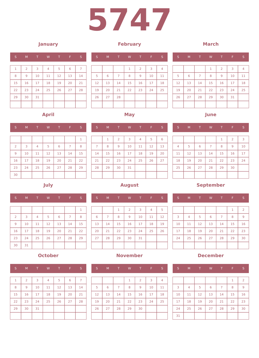 Printable 5747 Year Calendars puce