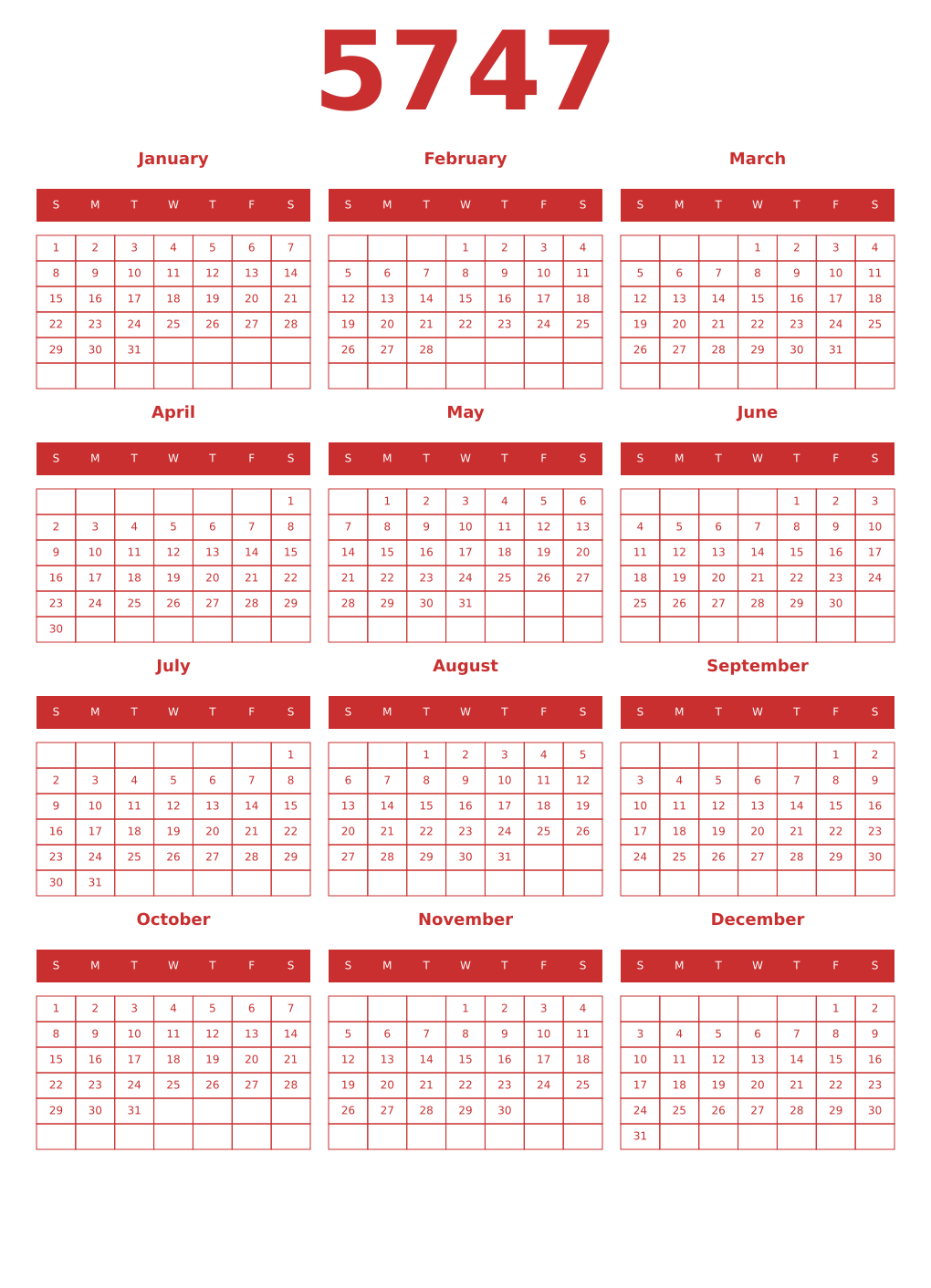 Printable 5747 Year Calendars red