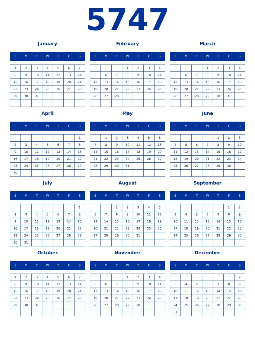 Printable 5747 Year Calendars smalt