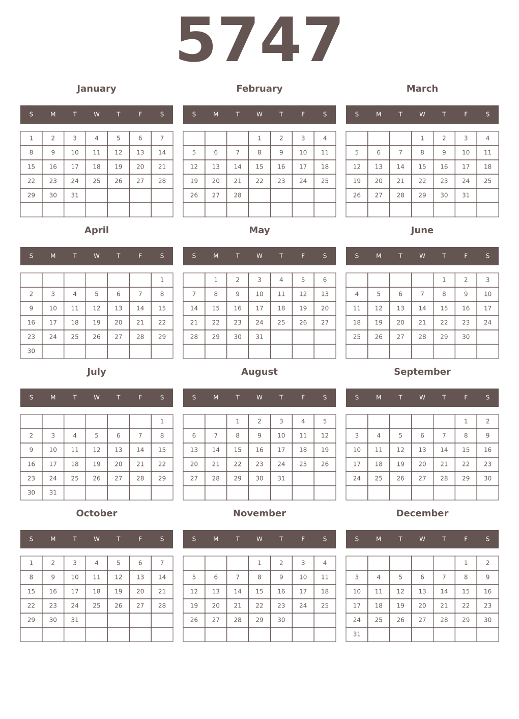 Printable 5747 Year Calendars wenge