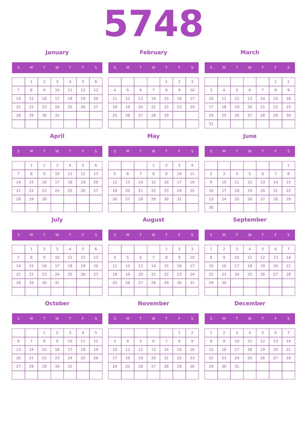 Printable 5748 Year Calendars purple