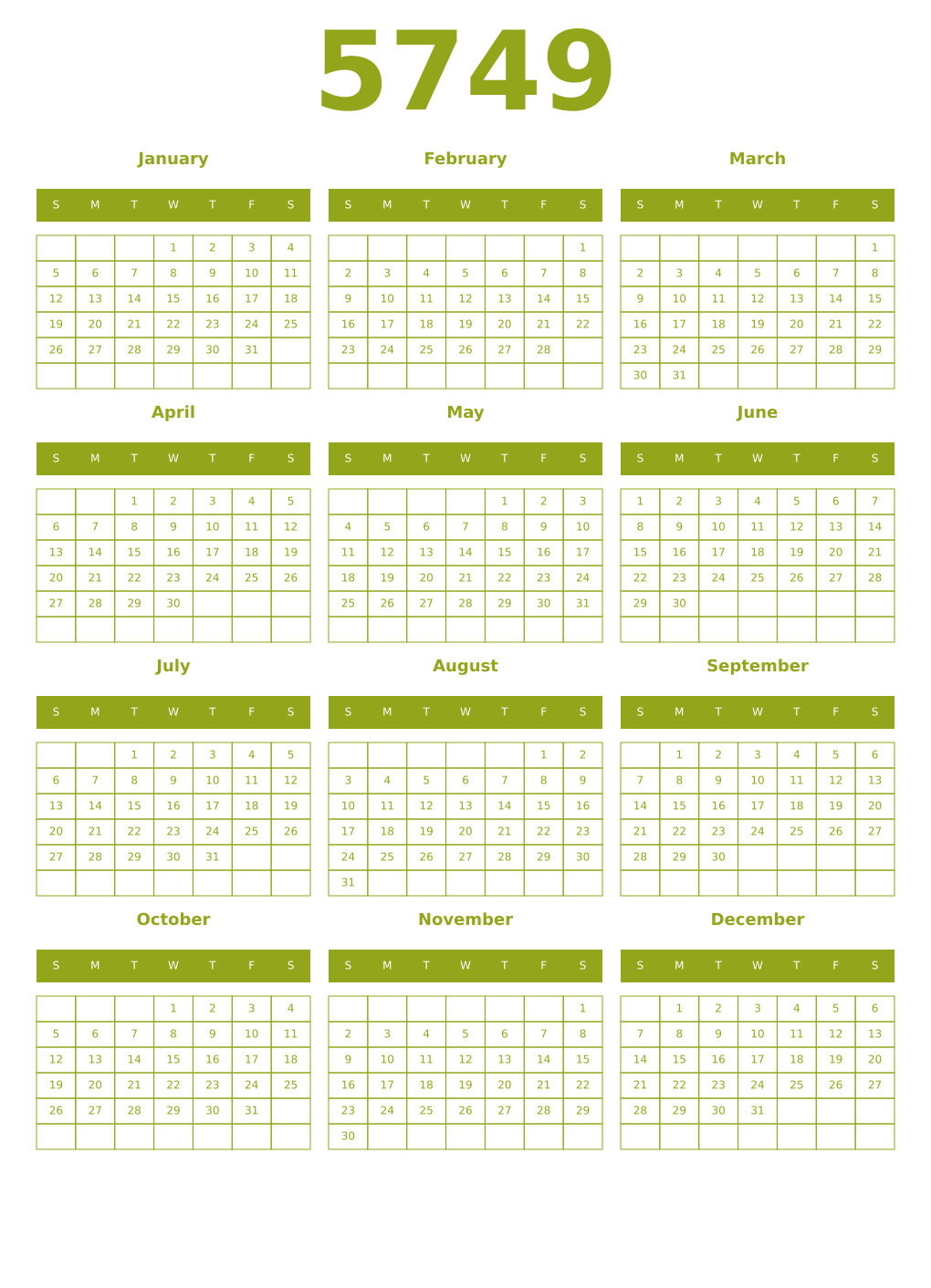 Printable 5749 Year Calendars chartreuse