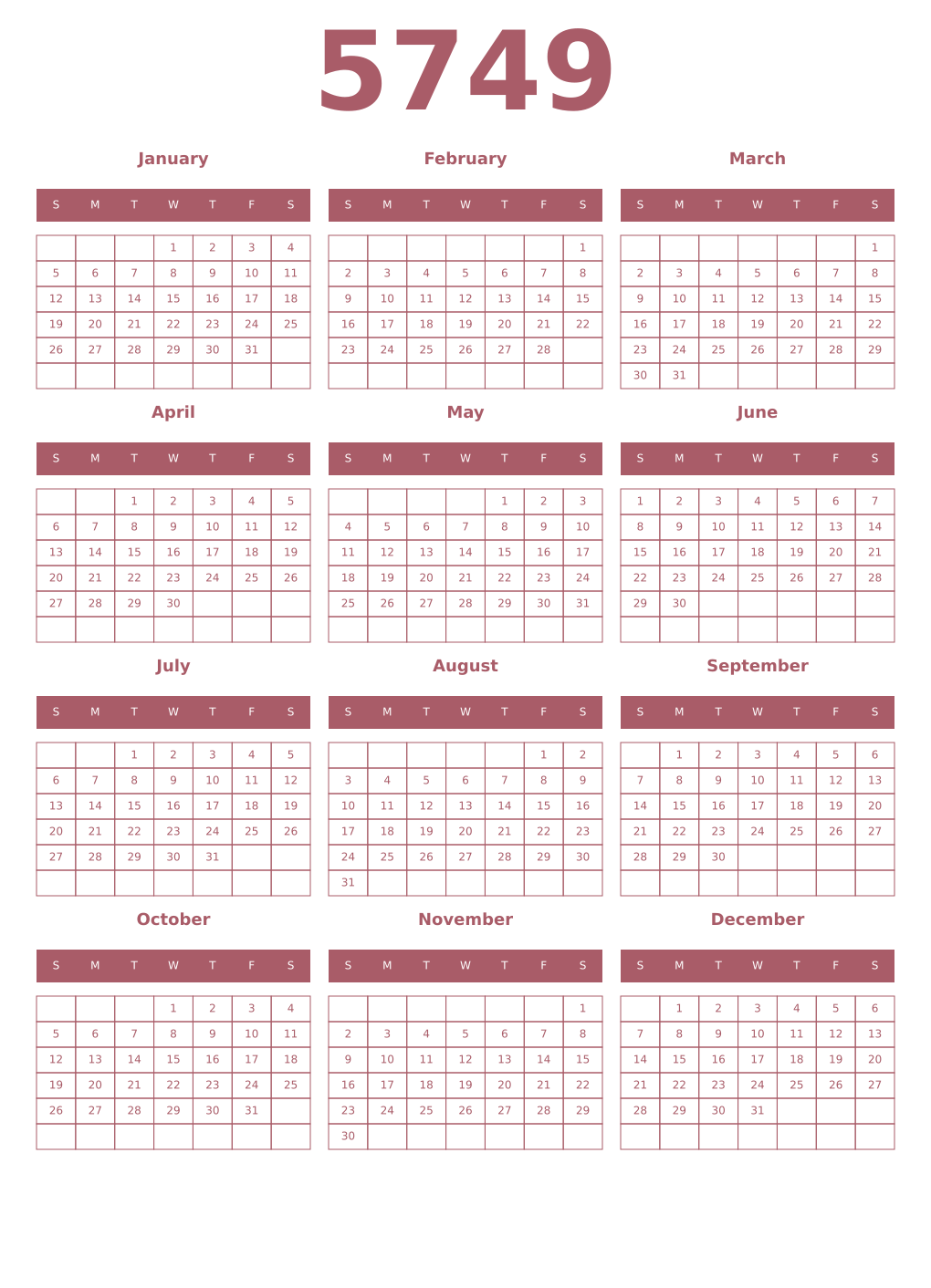 Printable 5749 Year Calendars puce