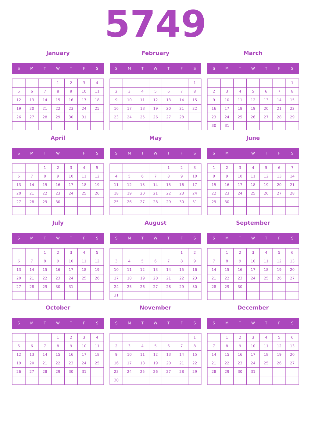Printable 5749 Year Calendars purple