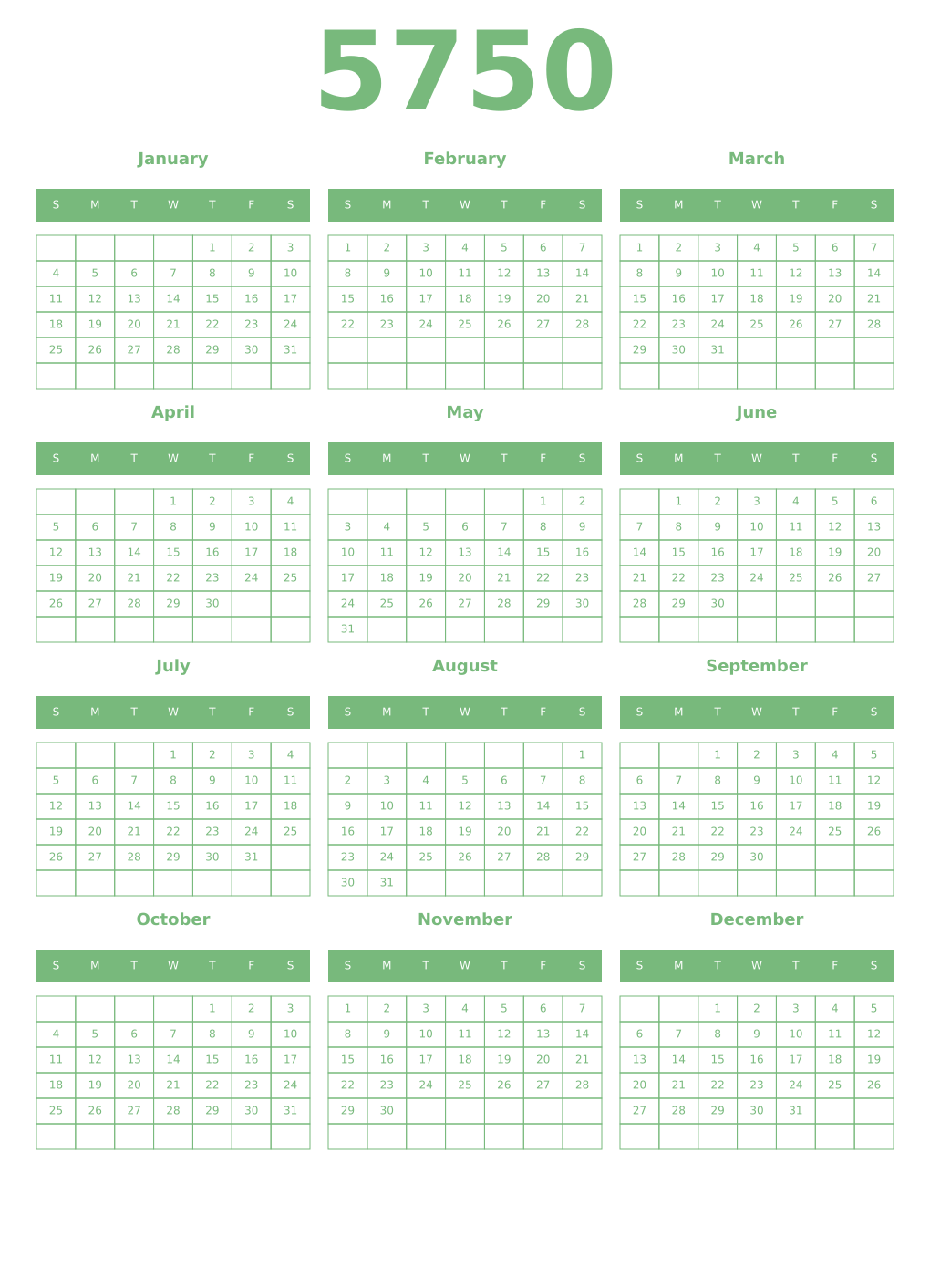Printable 5750 Year Calendars celadon
