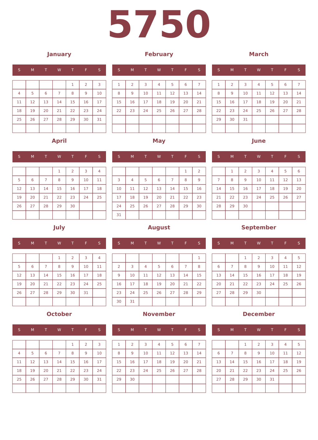 Printable 5750 Year Calendars cordovan