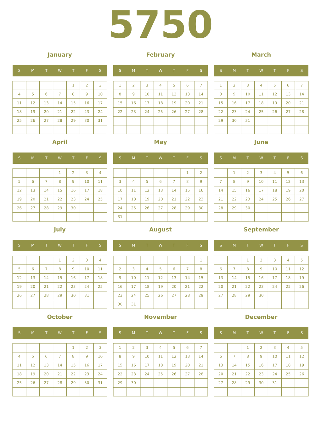 Printable 5750 Year Calendars eburnean