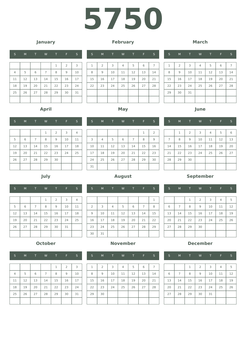 Printable 5750 Year Calendars feldgrau