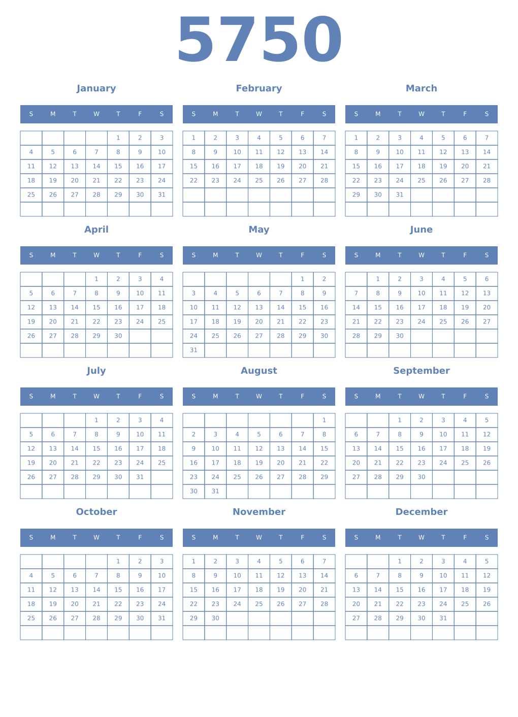 Printable 5750 Year Calendars glaucous