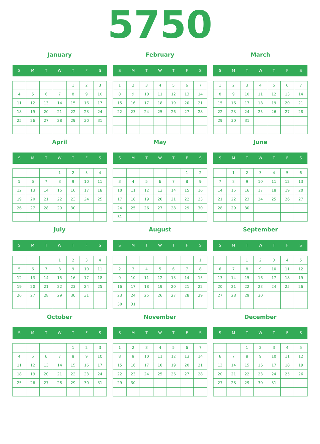 Printable 5750 Year Calendars green