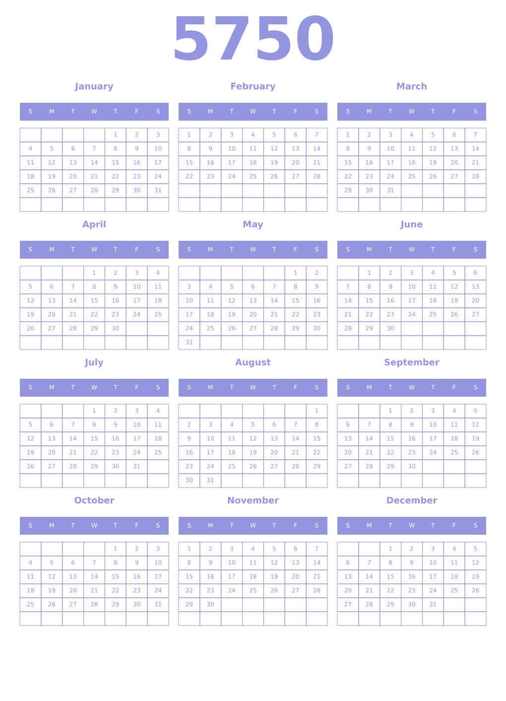Printable 5750 Year Calendars periwinkle
