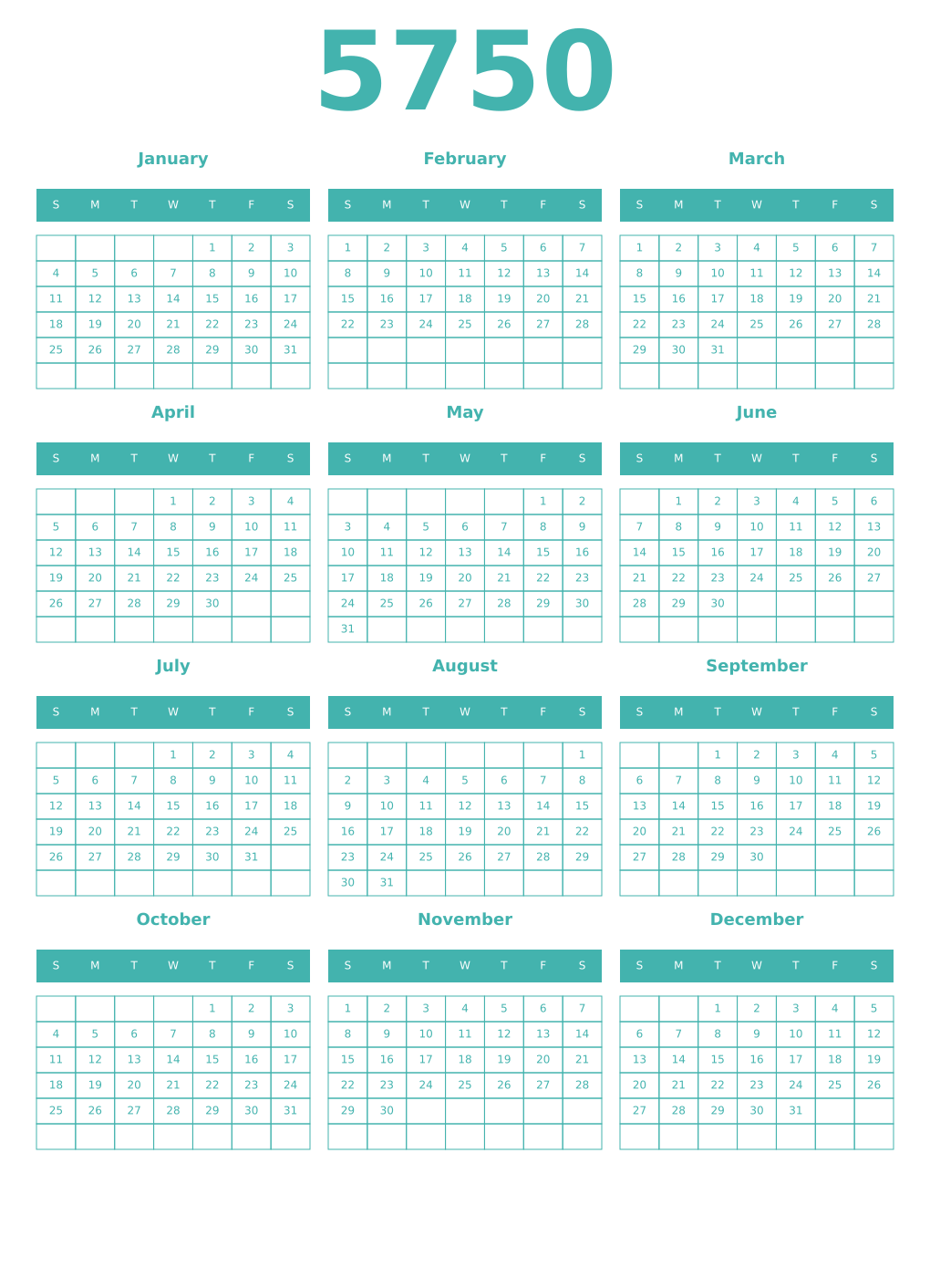 Printable 5750 Year Calendars verdigris