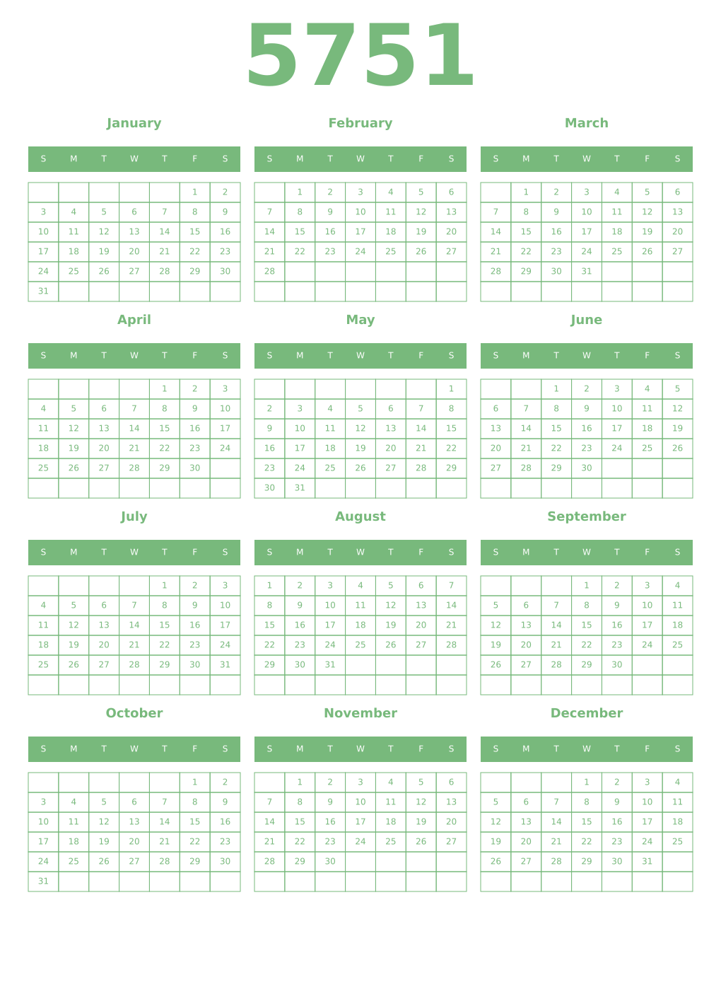Printable 5751 Year Calendars celadon