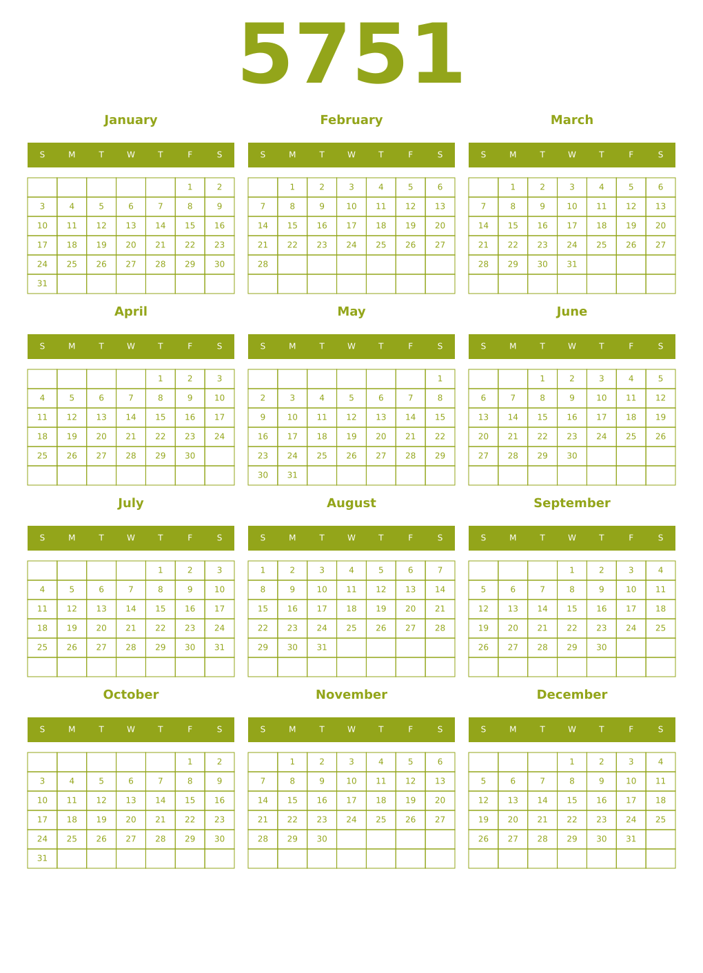 Printable 5751 Year Calendars chartreuse