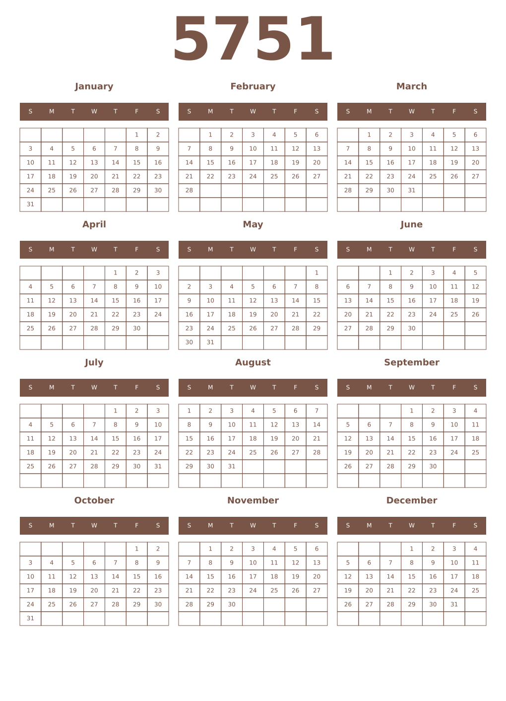 Printable 5751 Year Calendars coffe