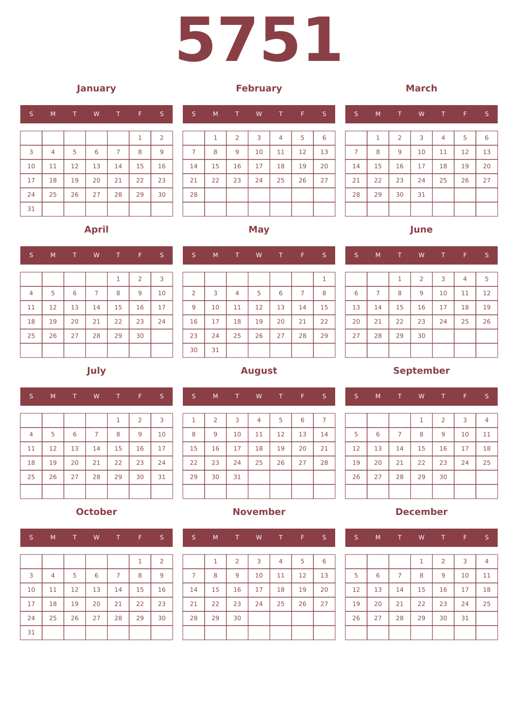 Printable 5751 Year Calendars cordovan