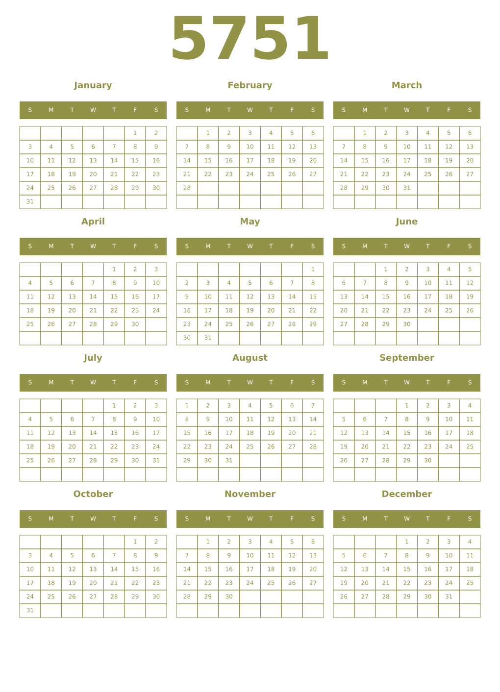 Printable 5751 Year Calendars eburnean