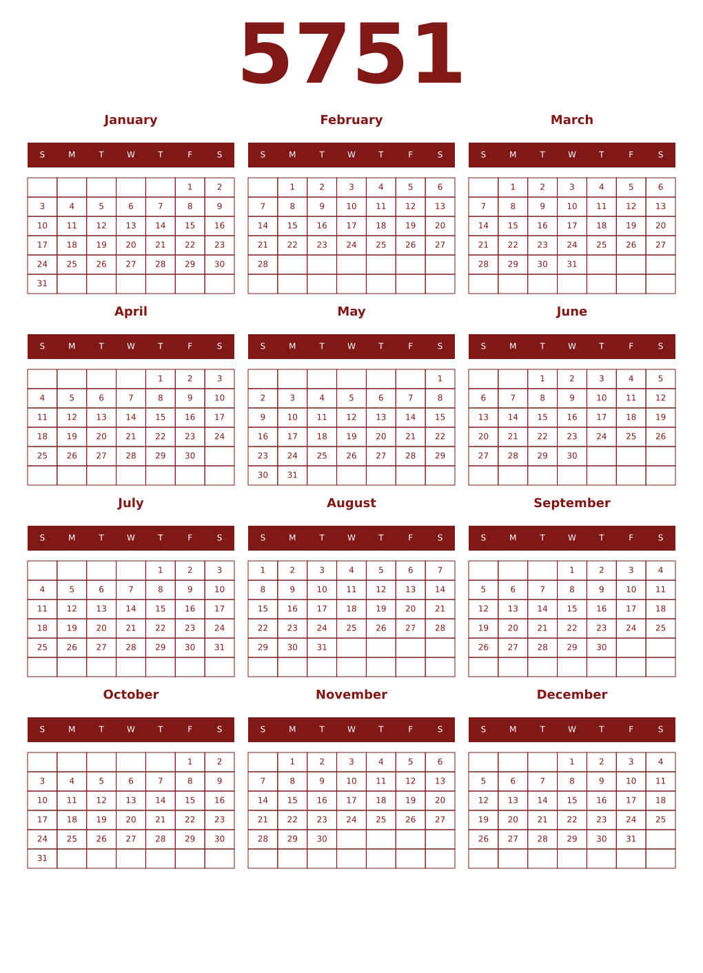 Printable 5751 Year Calendars falu