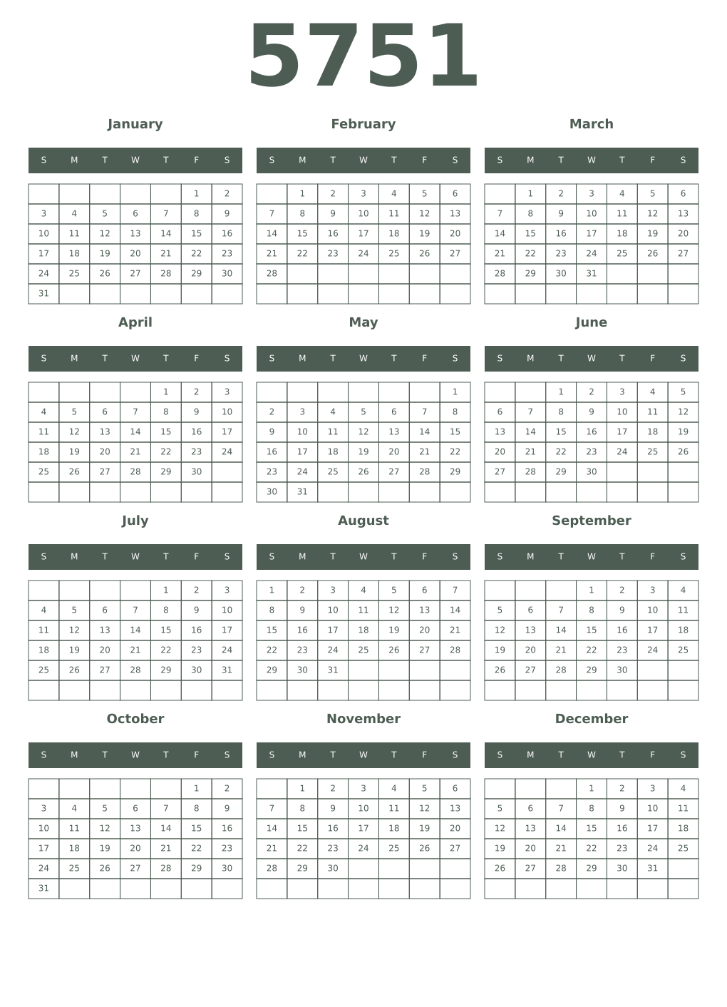 Printable 5751 Year Calendars feldgrau