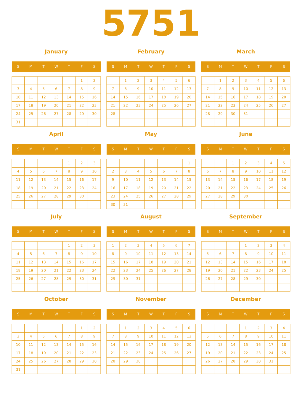 Printable 5751 Year Calendars gamboge