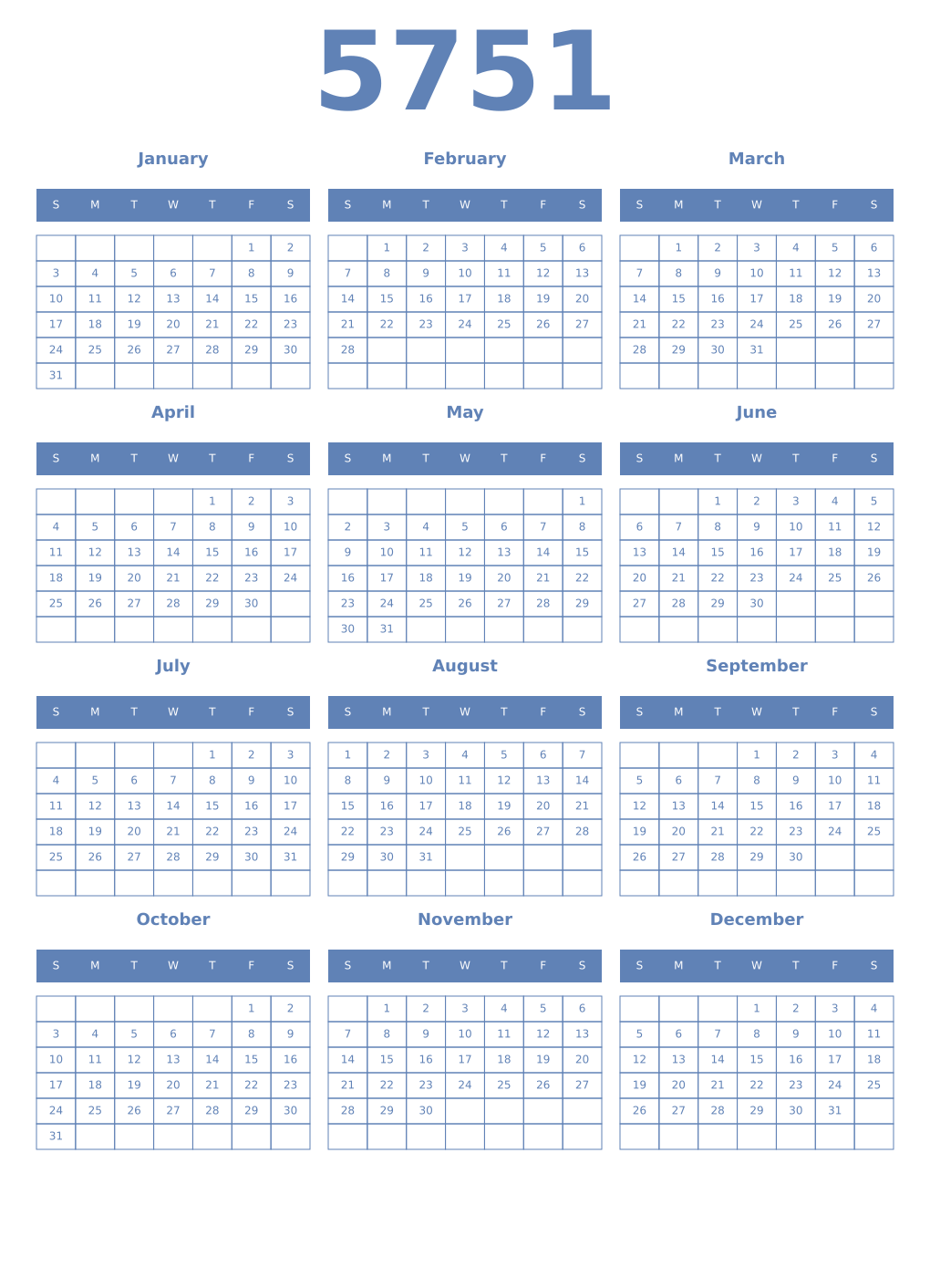 Printable 5751 Year Calendars glaucous