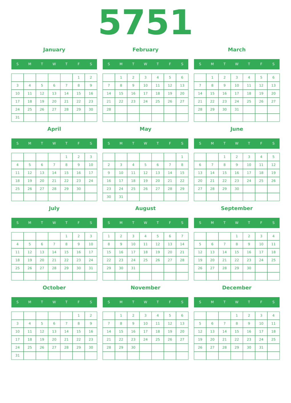 Printable 5751 Year Calendars green