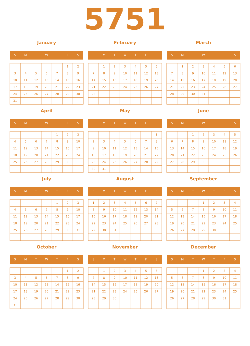 Printable 5751 Year Calendars orange
