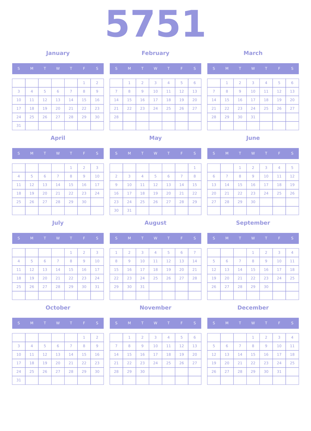Printable 5751 Year Calendars periwinkle