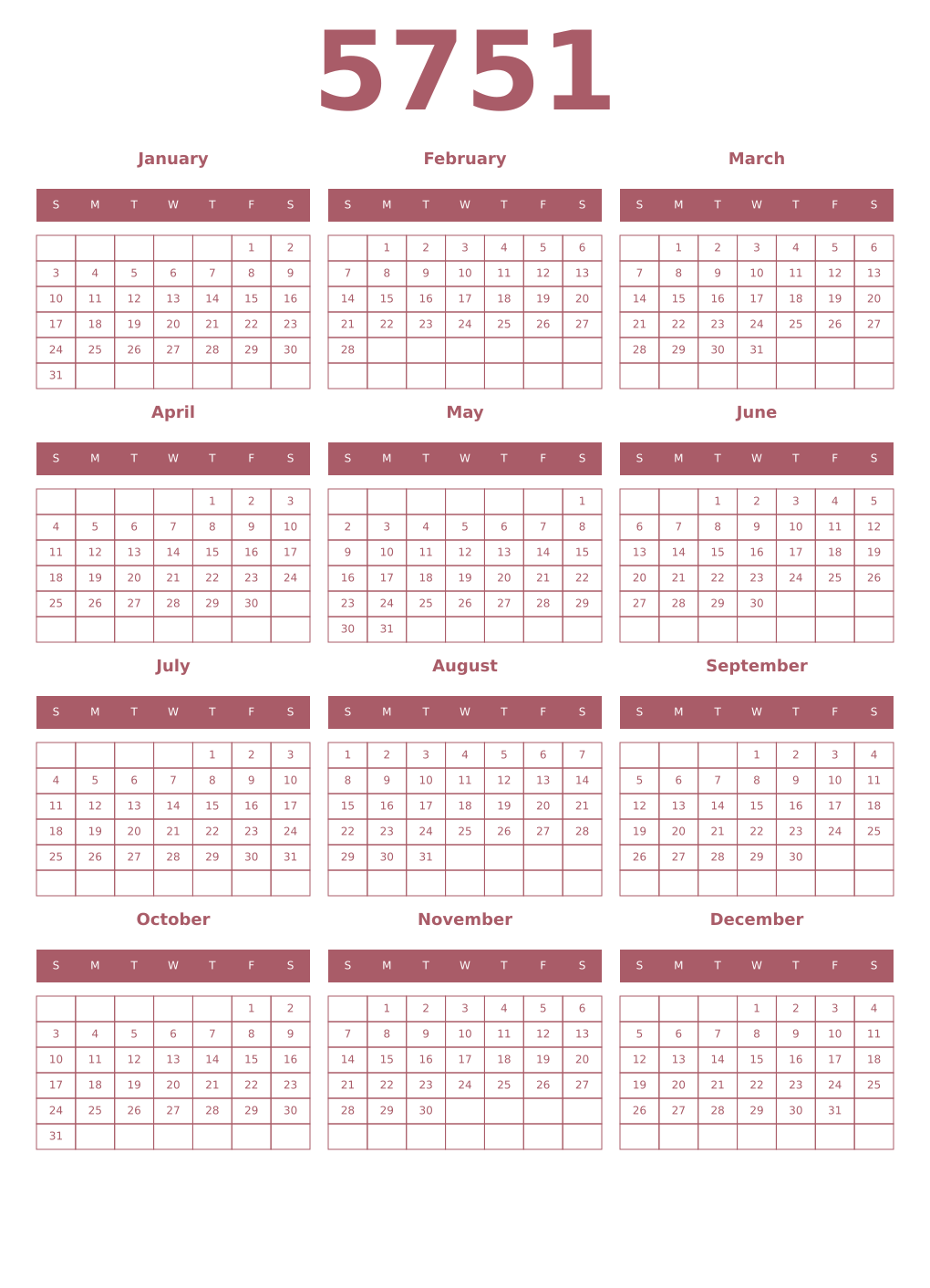 Printable 5751 Year Calendars puce