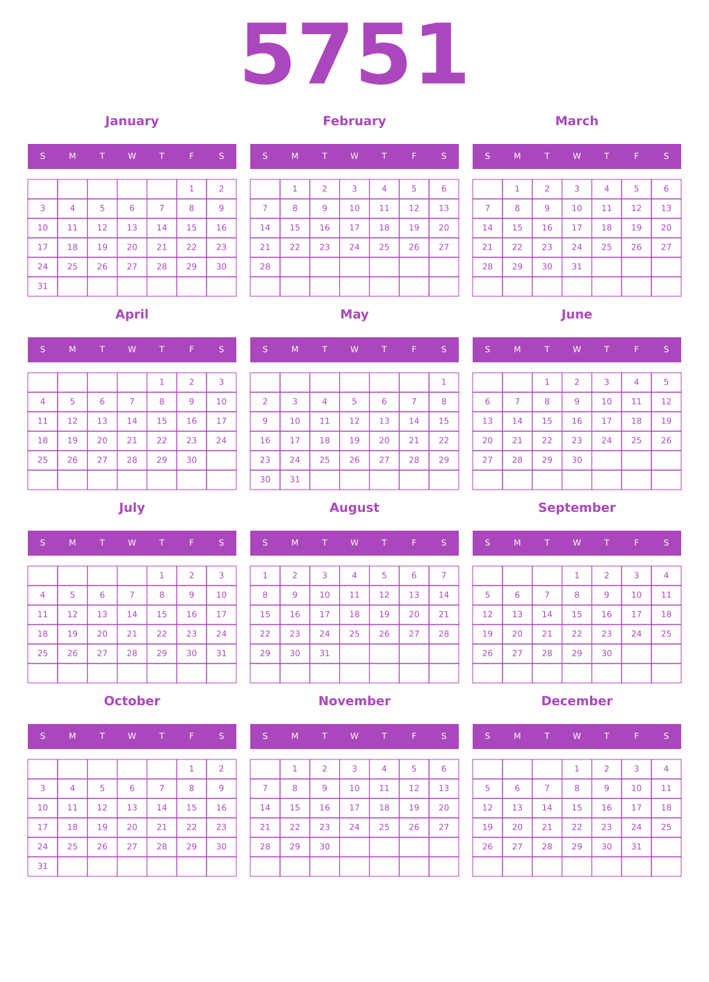 Printable 5751 Year Calendars purple