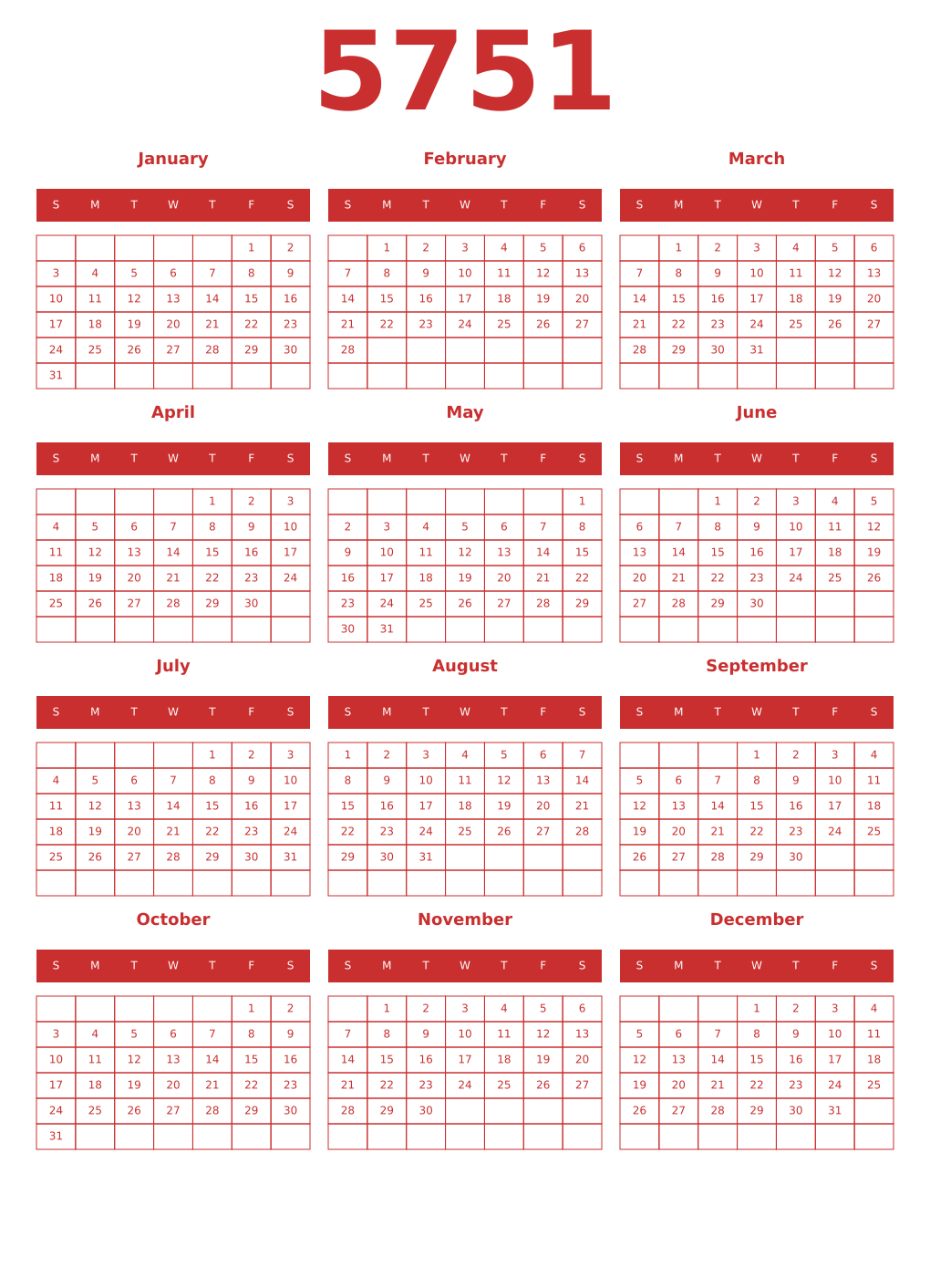 Printable 5751 Year Calendars red