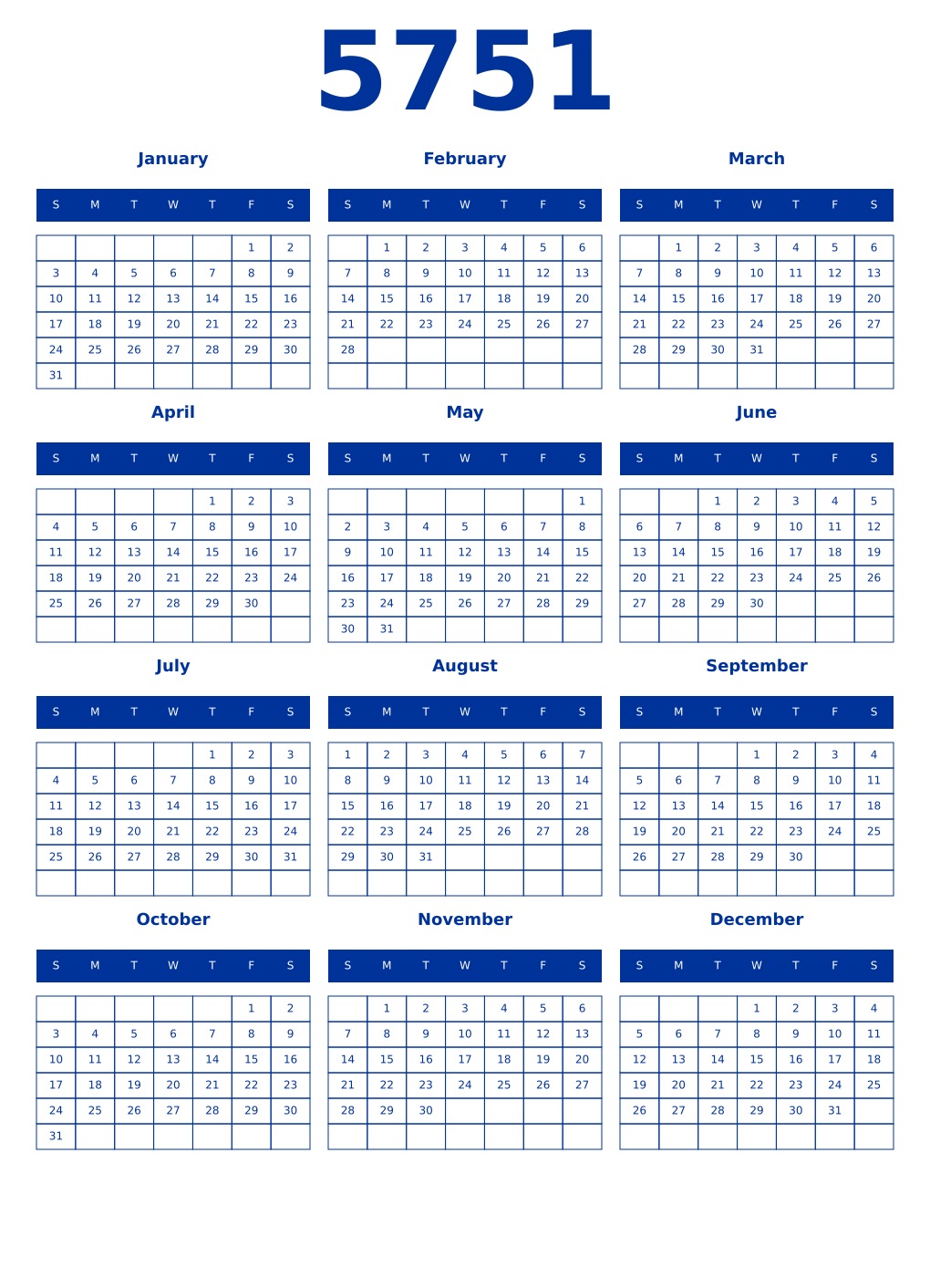 Printable 5751 Year Calendars smalt