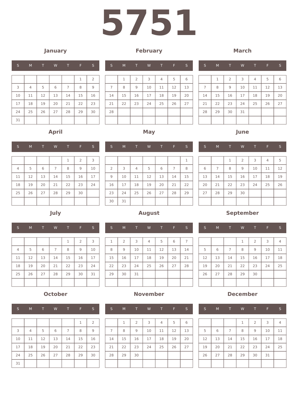 Printable 5751 Year Calendars wenge
