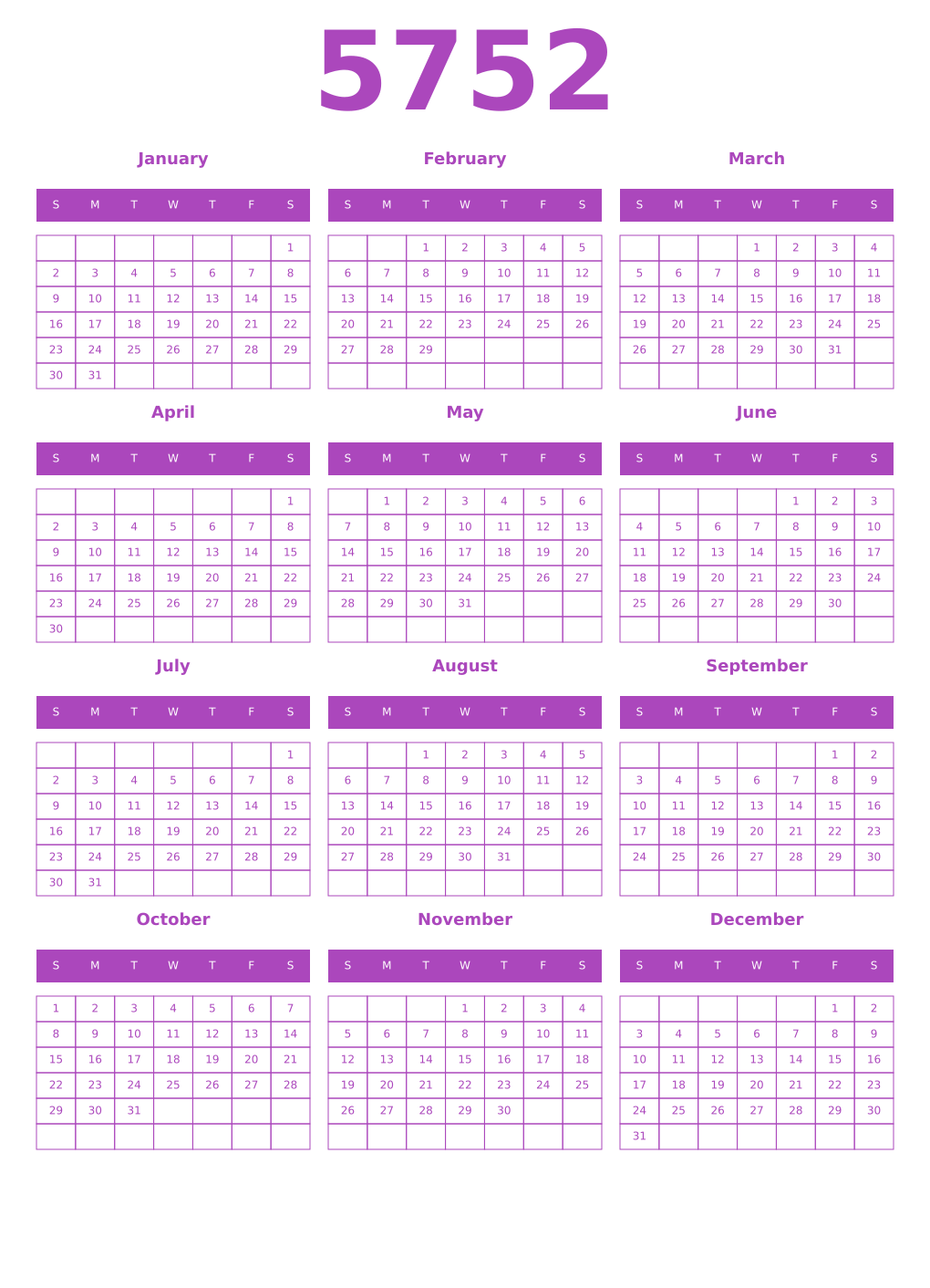 Printable 5752 Calendars