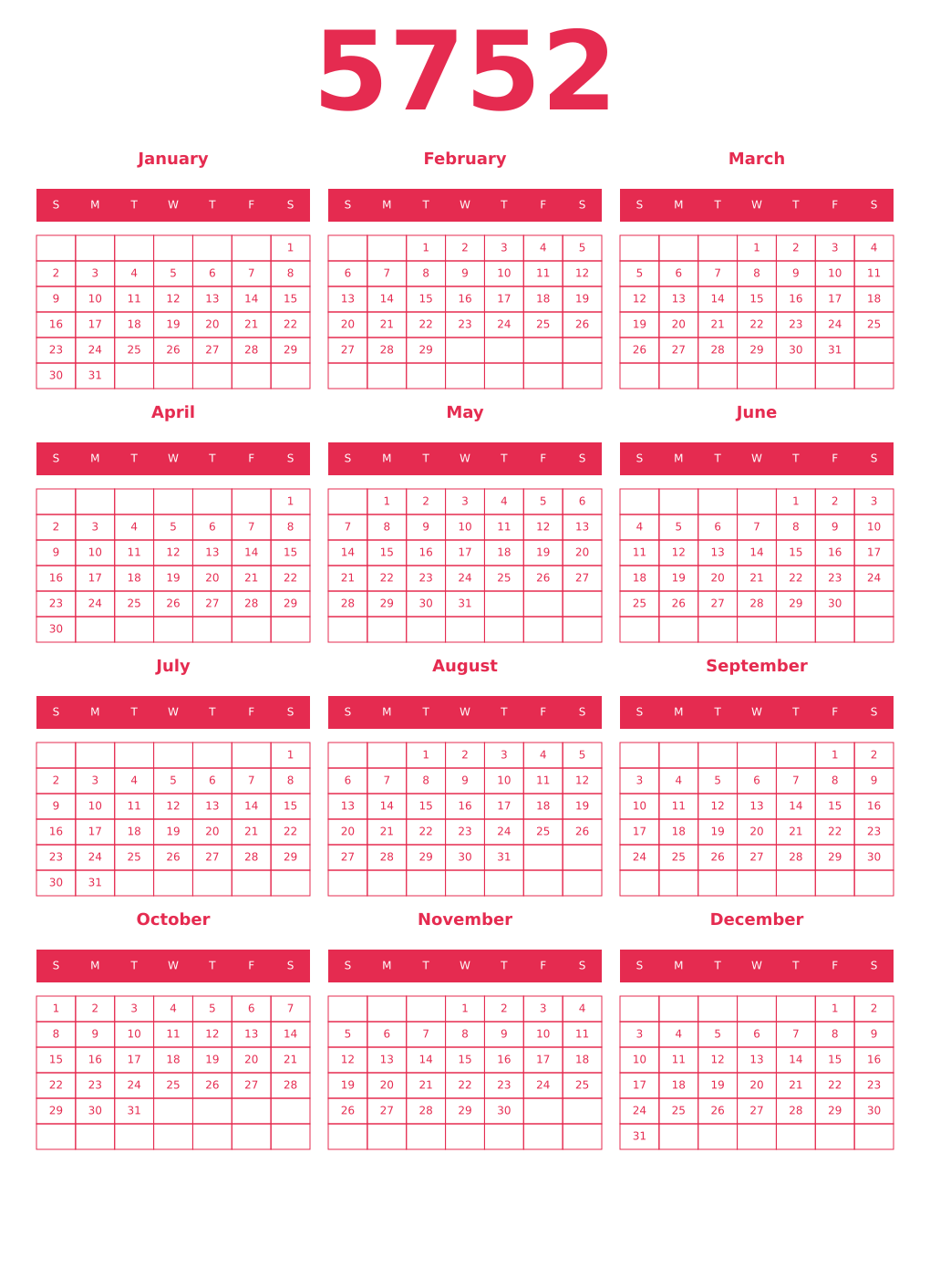 Printable 5752 Year Calendars amaranth