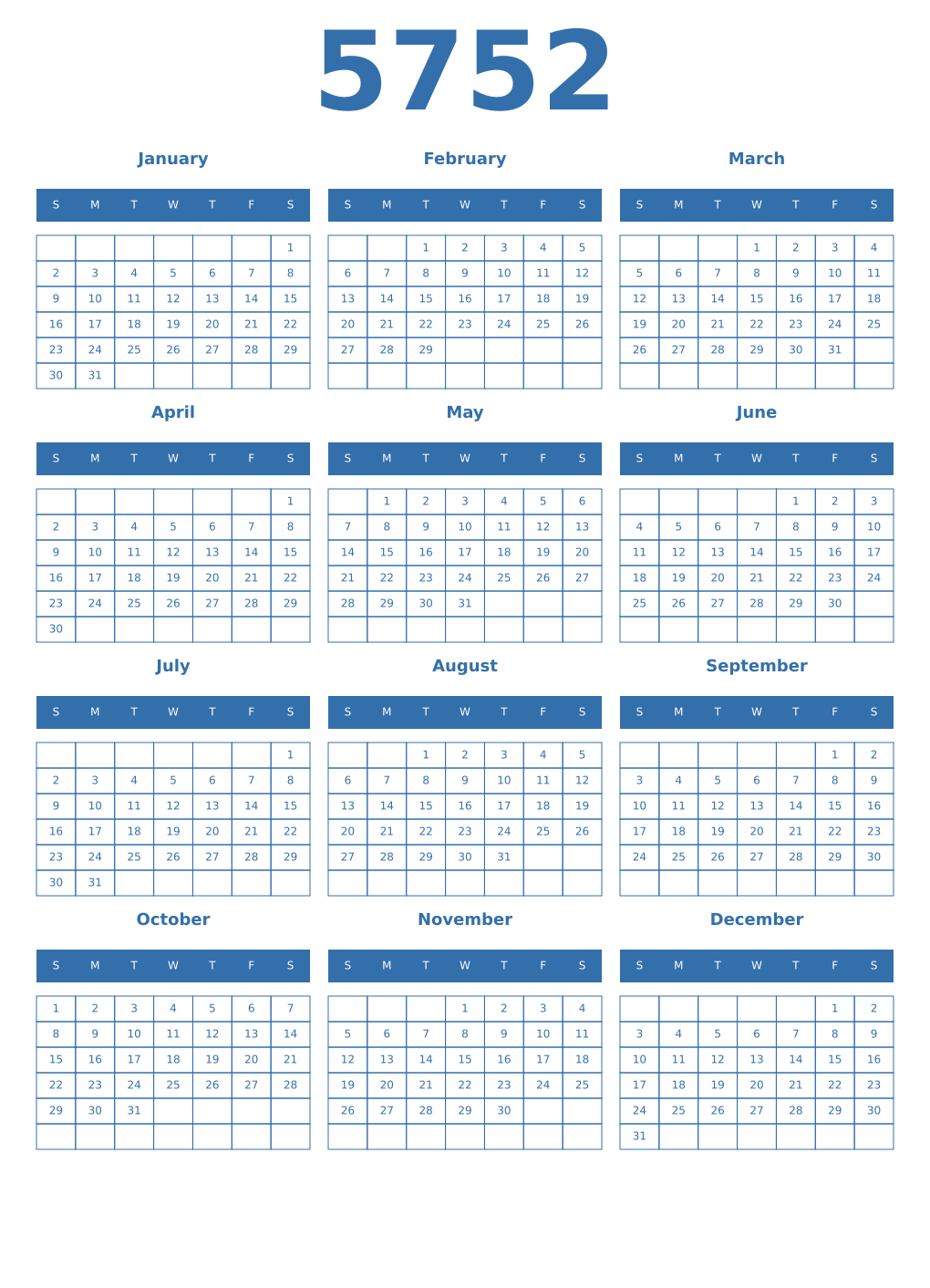 Printable 5752 Year Calendars blue