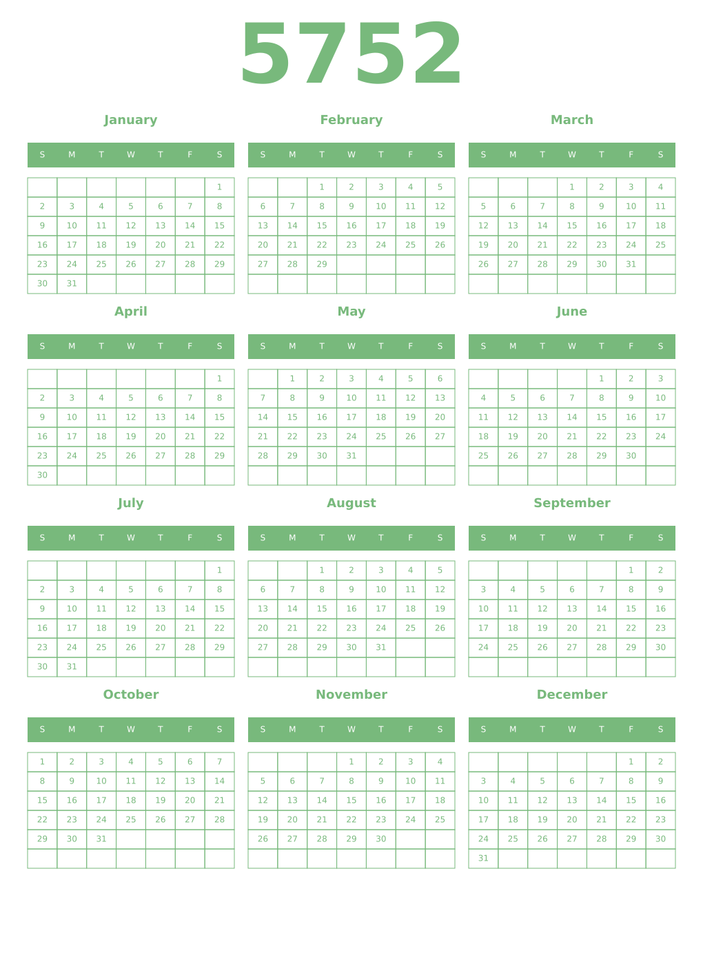 Printable 5752 Year Calendars celadon