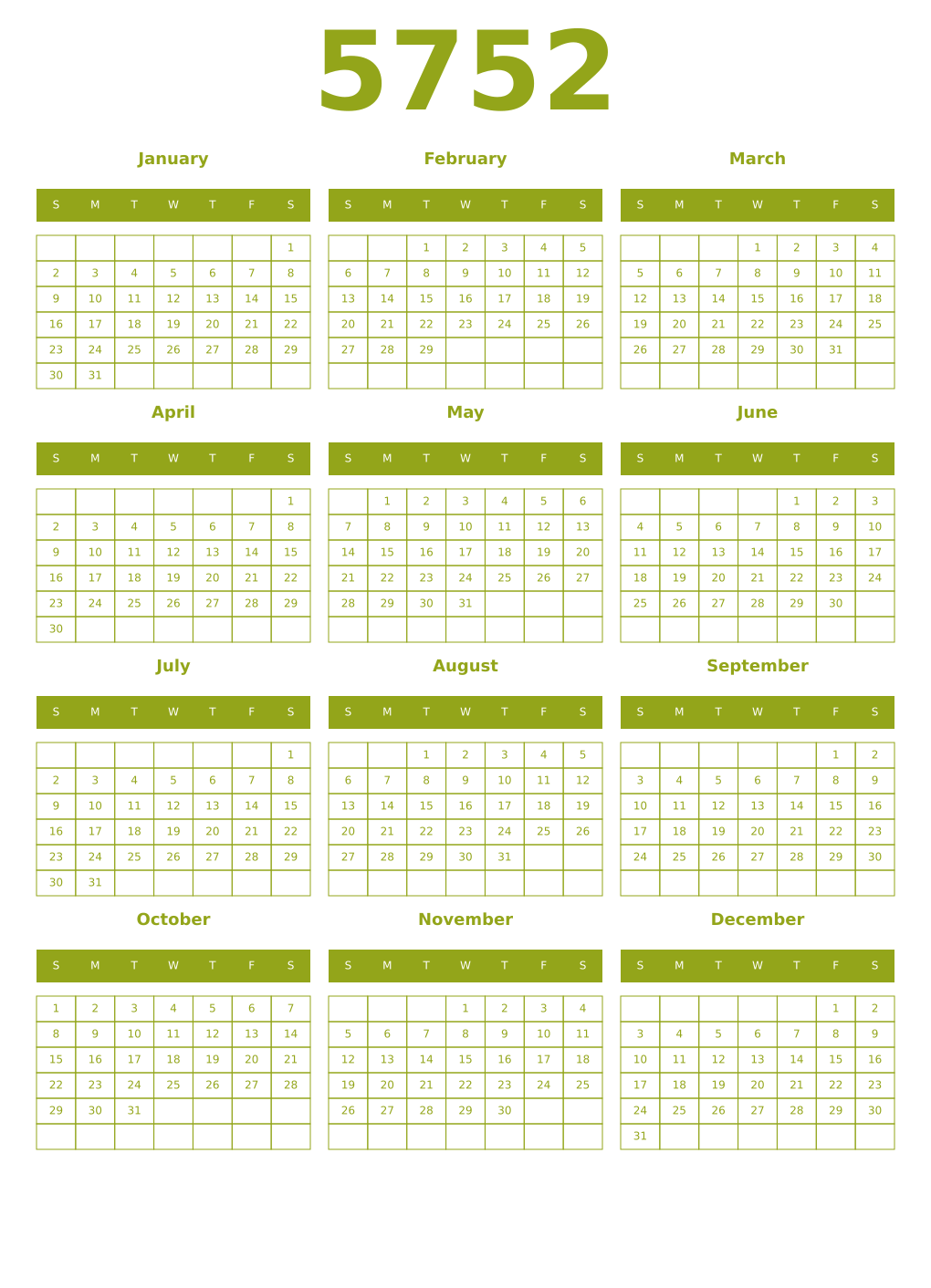Printable 5752 Year Calendars chartreuse