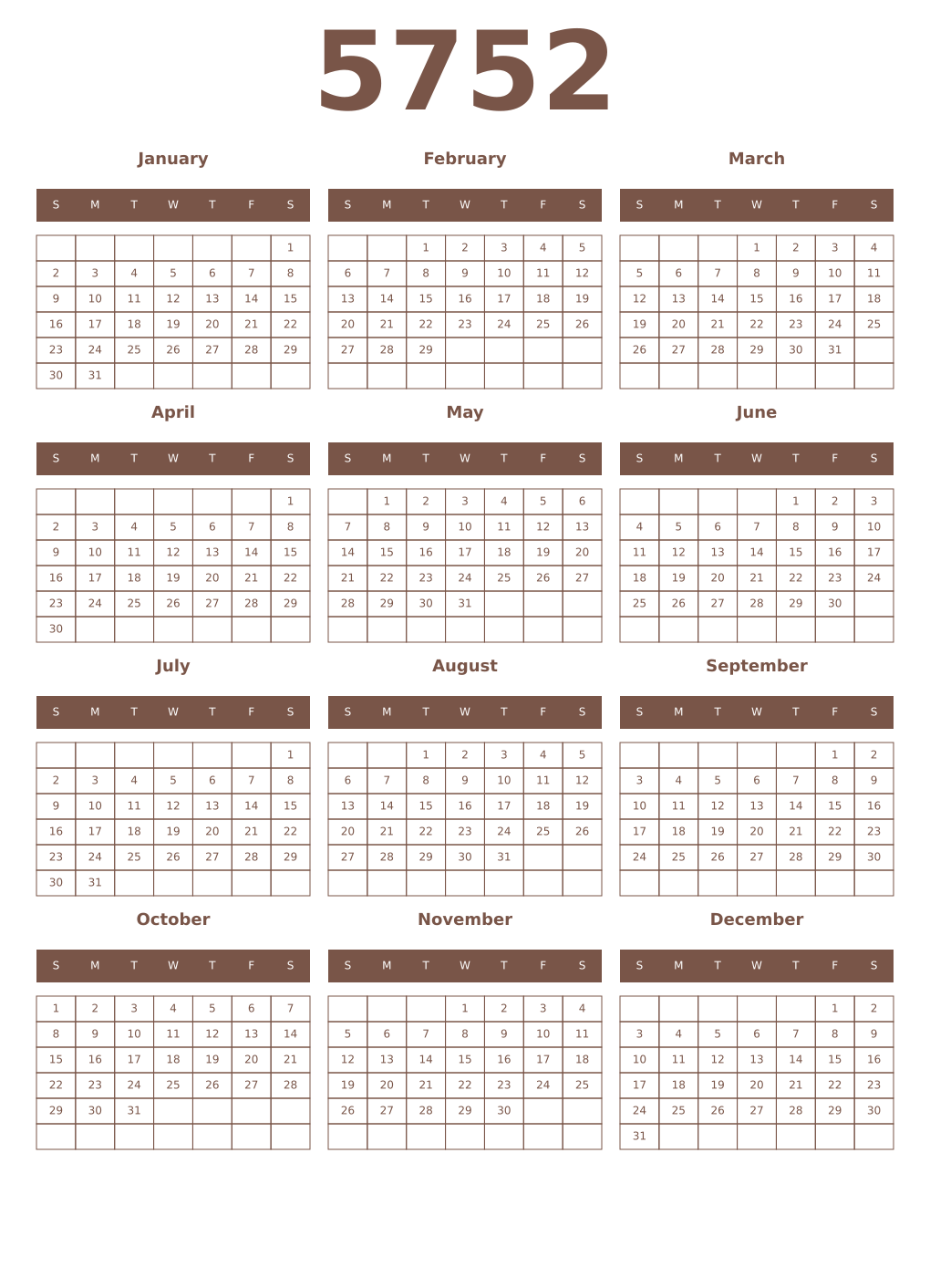 Printable 5752 Year Calendars coffe