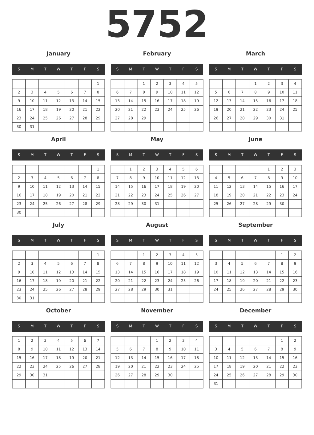 Printable 5752 Year Calendars dark