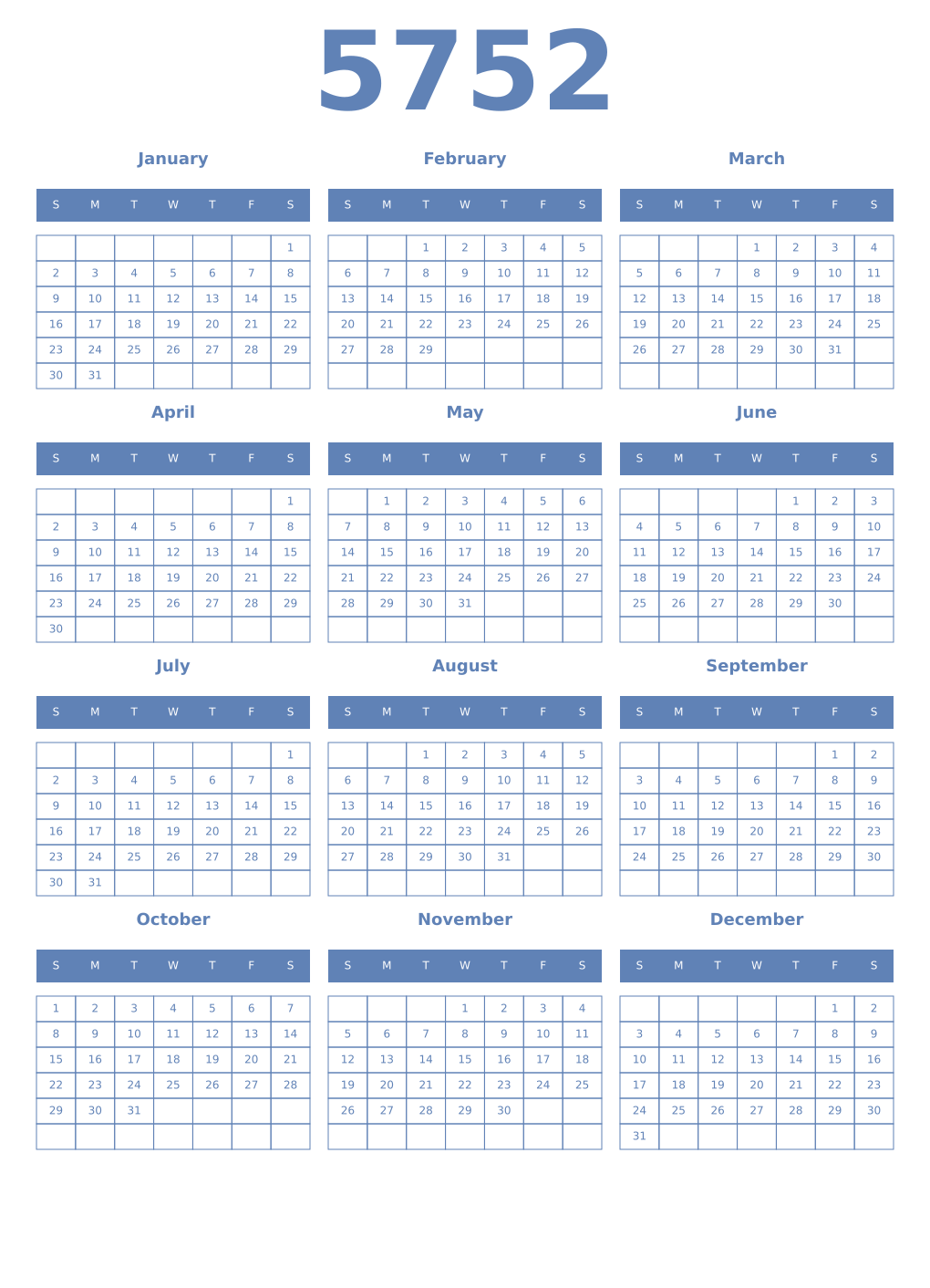 Printable 5752 Year Calendars glaucous