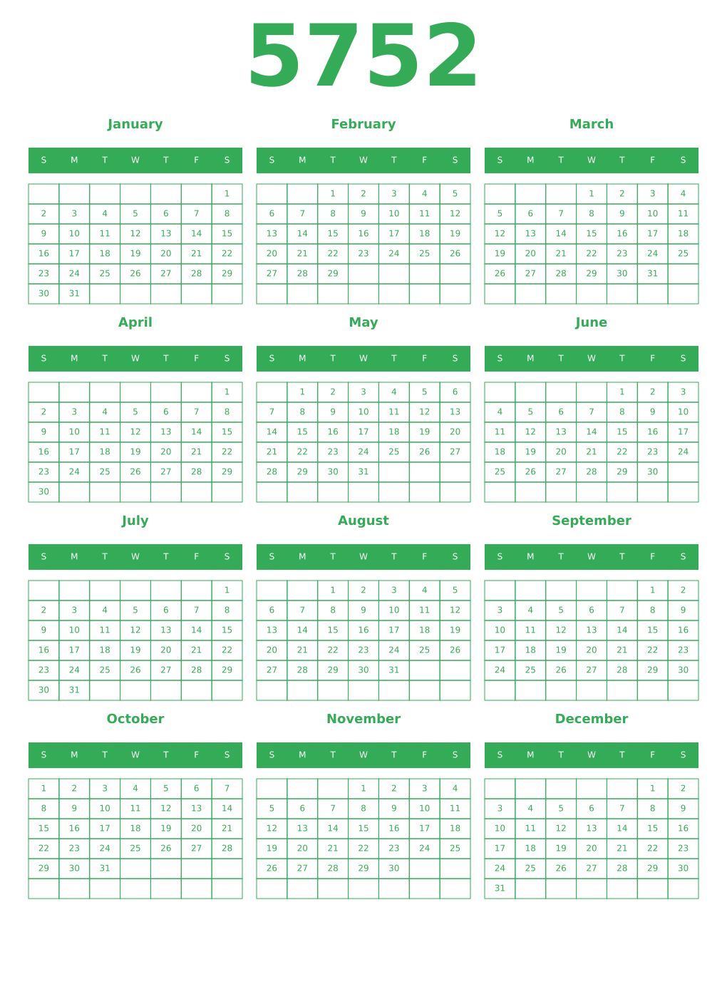 Printable 5752 Year Calendars green