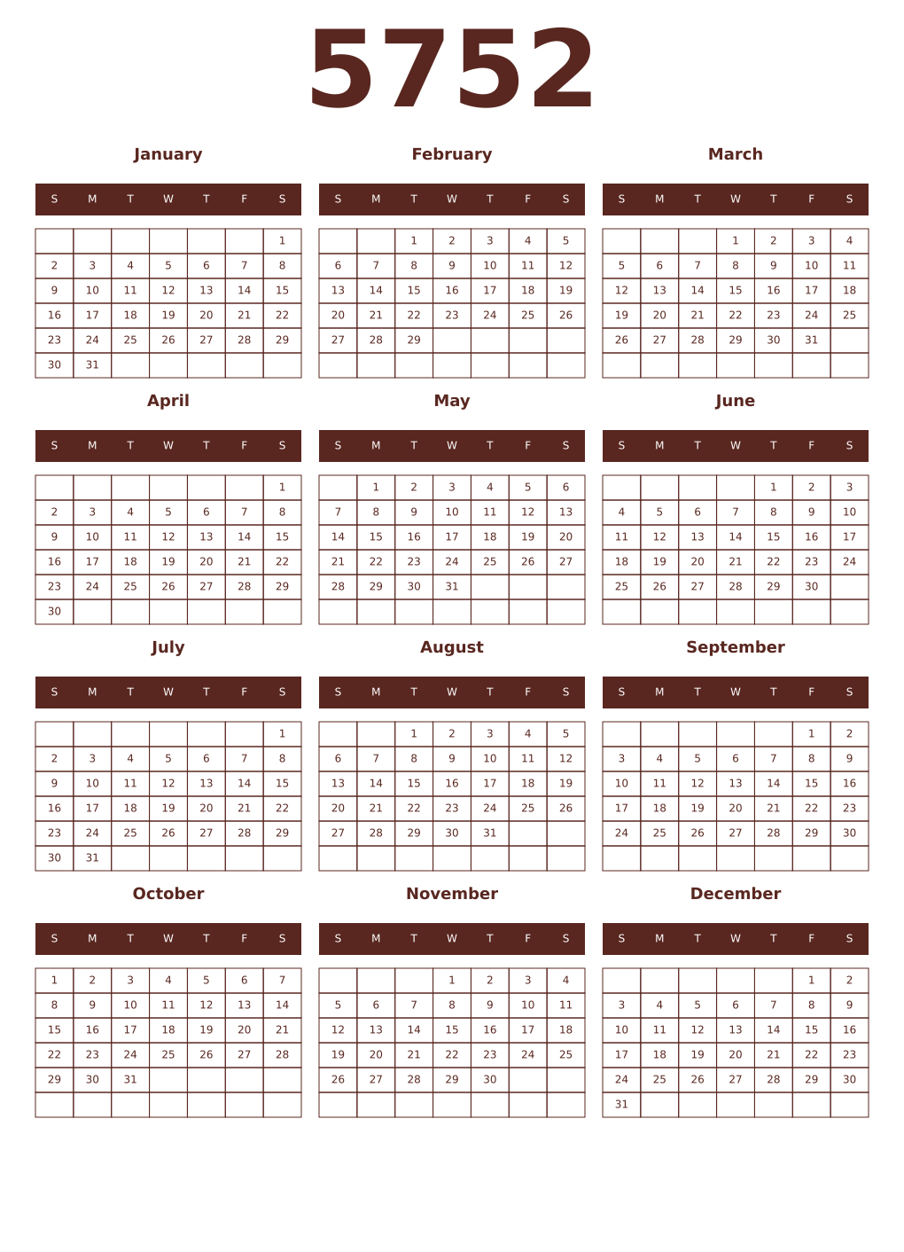 Printable 5752 Year Calendars mortuum