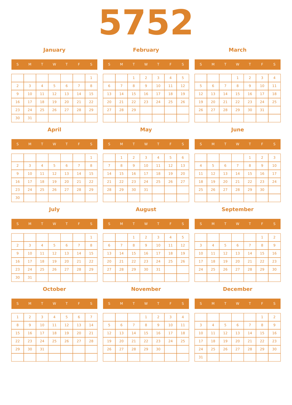 Printable 5752 Year Calendars orange